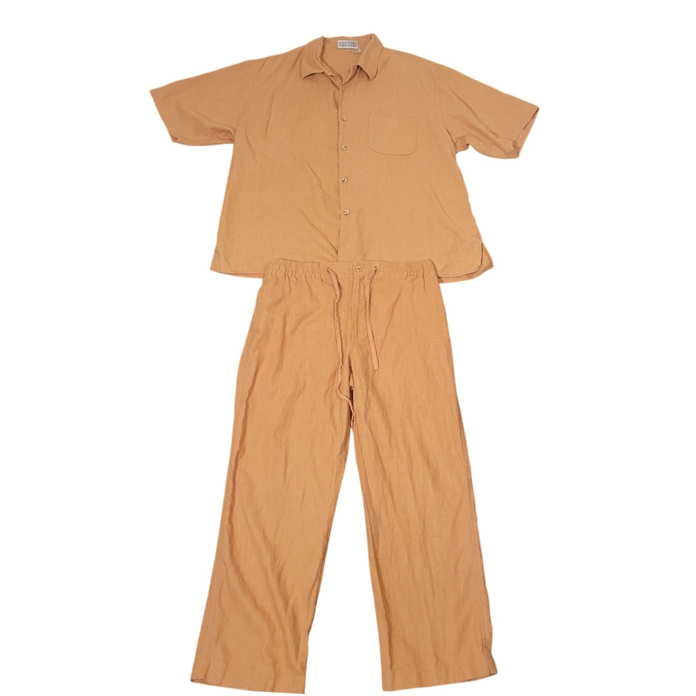 Caribbean Joe Size 2XL Top M Pants 2 Piece Set Mens Linen Blend Peach Vacation